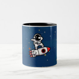 Coole astronaut op de raket tweekleurige koffiemok