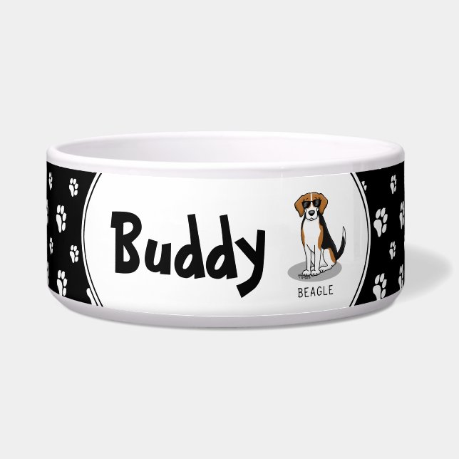 Coole Beagle met Zonnebril (driekleurig 3) Grappig Voerbakje (Voorkant)