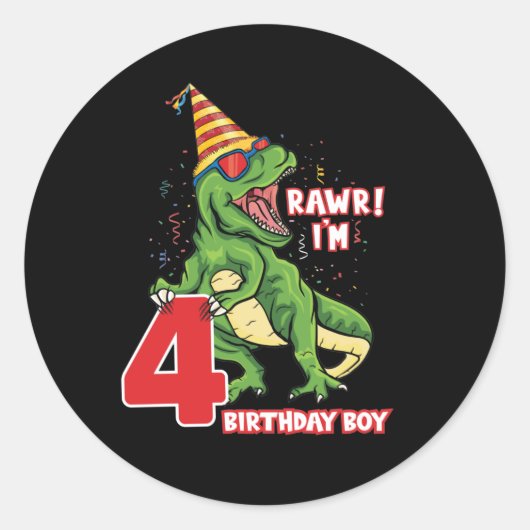 coole Birthday dinosaur jongens die vier jaar oud Ronde Sticker (Voorkant)