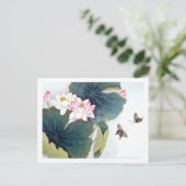 coole chinese lotus leaf roze bloem vlinder briefkaart (Staand voorkant)