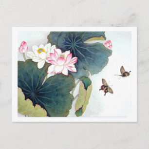 coole chinese lotus leaf roze bloem vlinder briefkaart