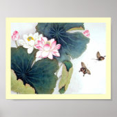 coole chinese lotus leaf roze bloem vlinder poster (Voorkant)