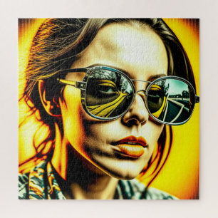 Coole dame in zonnebril reflectie van een weg legpuzzel