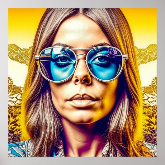 Coole dame met blauwe zonnebril poster (Voorkant)