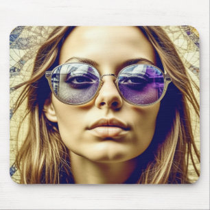 Coole dame met reflectie in haar zonnebril muismat