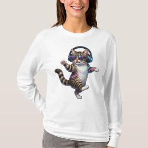 Coole dansende kat met koptelefoon en zonnebril t-shirt
