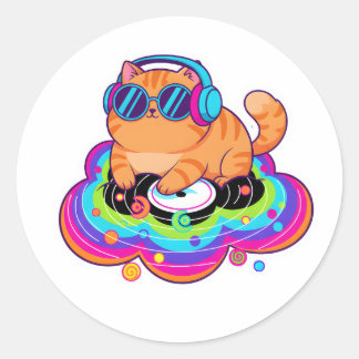 Coole DJ Oranje Kat met Hoofdtelefoon op Regenboog Ronde Sticker