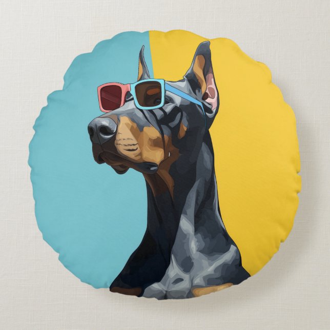 Coole Dobermann met zonnebril Rond Kussen (Voorkant)