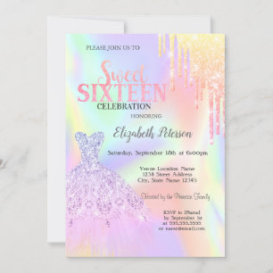 Coole Glitter Druppels, Jurk Holografisch Sweet 16 Kaart