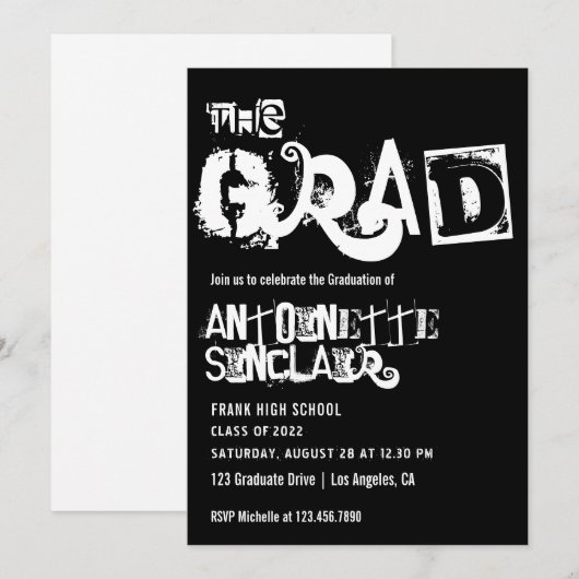 Coole Grunge Typografie Afstudeerfeest Uitnodiging (Voorkant / Achterkant)
