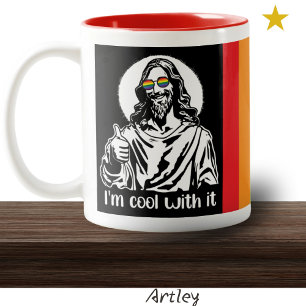 Coole hippie gay pride Jezus duim omhoog Tweekleurige Koffiemok