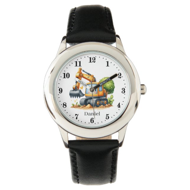 Coole jongens graafmachine bouwwerktuig aanpasbaar horloge (Voorkant)
