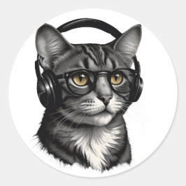 COOLE KAT DIE HOOFDTELEFOON DRAAGT RONDE STICKER