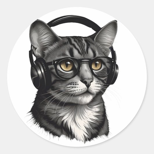 COOLE KAT DIE HOOFDTELEFOON DRAAGT RONDE STICKER (Voorkant)