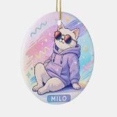 Coole Kat met naam MILO | Cute Aesthetic Keramisch Ornament (Rechts)