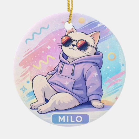 Coole Kat met naam MILO | Cute Aesthetic Keramisch Ornament (Voorkant)