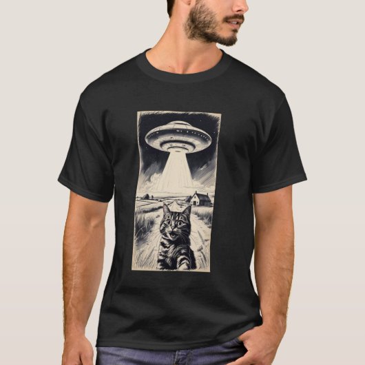 Coole Kat Selfie Met Alien UFO Grappig T-shirt (Voorkant)