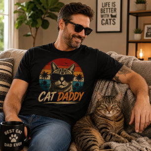 Coole Kat Vader Retro Zonsondergang Palm vaderdag T-shirt