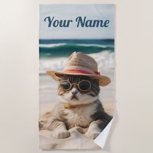 Coole Katze am Strand mit Sonnenbrille und Hut - Strandlaken (Voorkant)