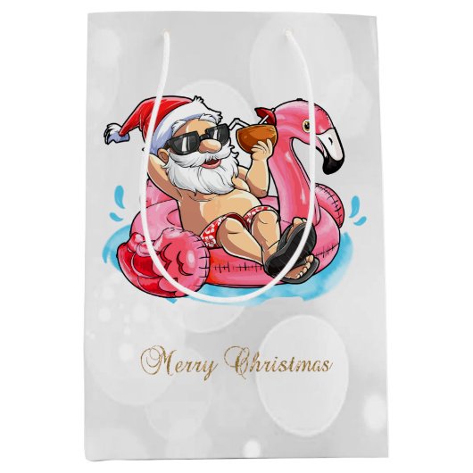 Coole kerstman,Roze flamingo's,Strand Bokeh Medium Cadeauzakje (Voorkant)