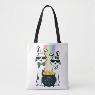 Coole konijnen en pot met goud tote bag