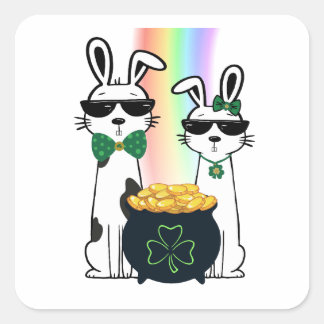 Coole konijnen en pot met goud vierkante sticker