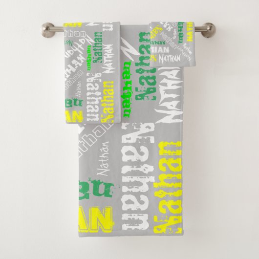 Coole naamcollage moderne typografie op maat in gr bad handdoek (Insitu)