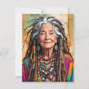 Coole oude dame in dreadlocks hippie vrouw briefkaart