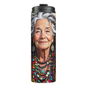 Coole oude dame in dreadlocks hippie vrouw   thermosbeker