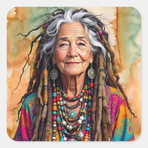 Coole oude dame in dreadlocks hippie vrouw vierkante sticker