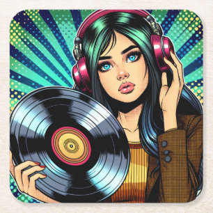 Coole Pop Art stripstijl meisje met vinylalbum Kartonnen Onderzetters