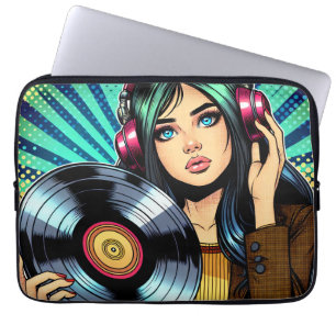 Coole Pop Art stripstijl meisje met vinylalbum Laptop Sleeve