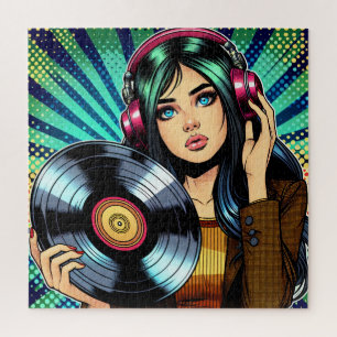 Coole Pop Art stripstijl meisje met vinylalbum Legpuzzel
