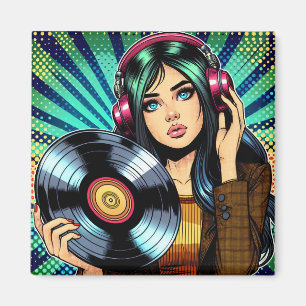 Coole Pop Art stripstijl meisje met vinylalbum Magneet