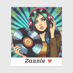 Coole Pop Art stripstijl meisje met vinylalbum Sticker