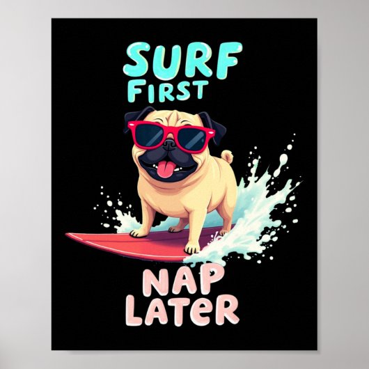 Coole Pug Surfende Hond Poster (Voorkant)