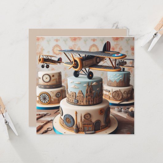 COOLE RETRO BIPLANE VERJAARDAGSTAART KAART (Voorkant / Achterkant in situ)
