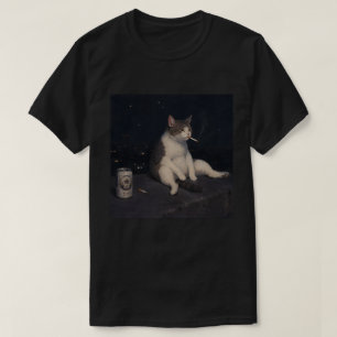 Coole Rokkende Kat met Blikje Bier Nachtelijk Stad T-shirt