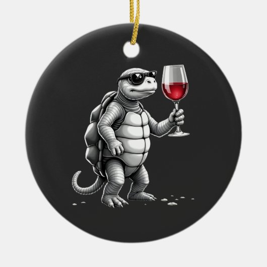 coole schildpad die rode wijn drinkt kunstprint_1  keramisch ornament (Voorkant)