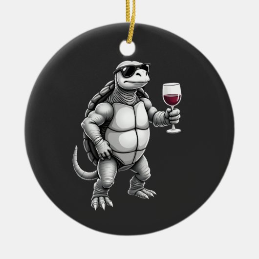 coole schildpad drinkt rode wijn kunstprint_1 (3) keramisch ornament (Voorkant)
