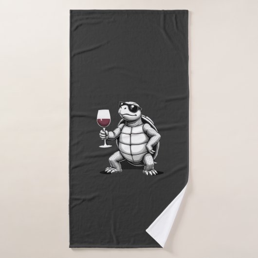 coole schildpad drinkt rode wijn kunstprint_1 (4) badhanddoek (Badhanddoek)