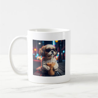 Coole Shih Tzu Puppy Drinkt IJskoude Koffie Stad N Koffiemok