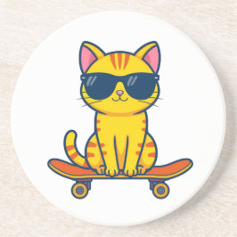 Coole skateboardende kat met zonnebril cartoon zandsteen onderzetter