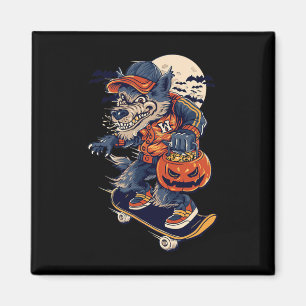 Coole skateboarding wolf met een Halloween pompoen Magneet