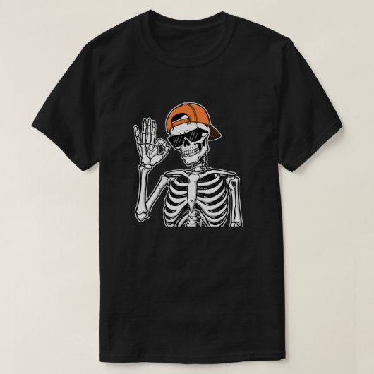 Coole Skelet met Oranje Pet | Hip-Hop Halloween T-shirt (Design voorkant)