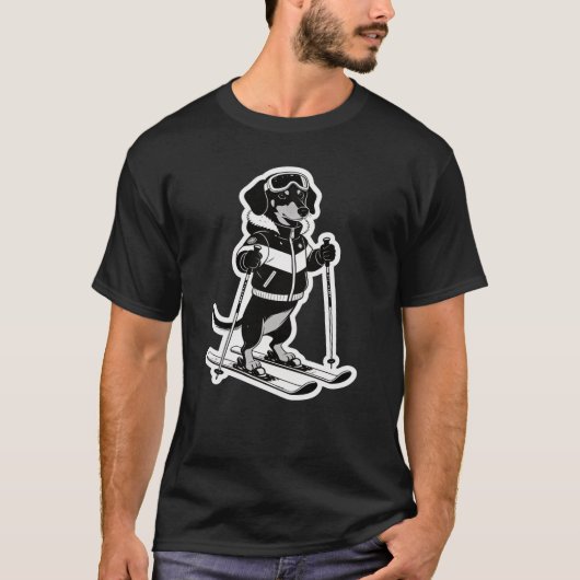 Coole ski-hond zwart-wit cartoon t-shirt (Voorkant)