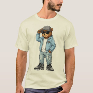 Coole stedelijke beer mascotte - Hemelblauwe stree T-shirt