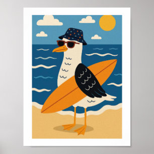Coole Surfende Meeuw Retro Strandvakantie Poster