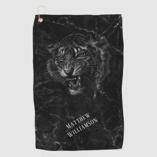 Coole Tijger Zwarte Marmeren Achtergrond Monogram Golfhanddoek (Voorkant)