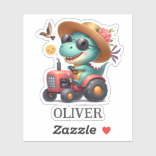 Coole Trex Dinosaur Boer Bestuurt Rode Tractor  Sticker